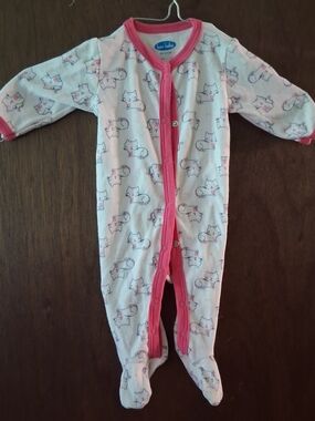 Bon Bebe White Footed One-Piece with Pink Trim and Kitty Print